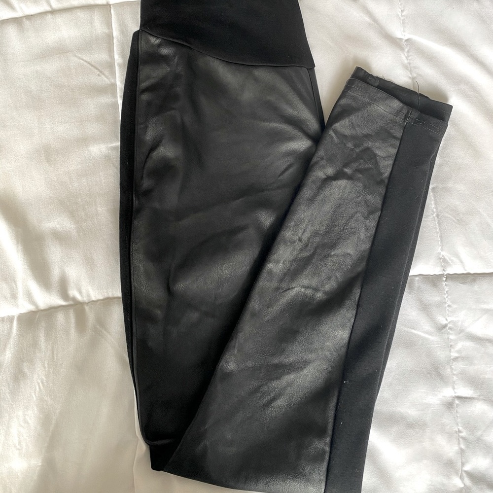 A maternity faux leather leggings